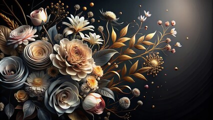 An opulent arrangement of stylized blossoms and gilded botanicals, a lavish display of sophisticated floral artistry, exhibiting a rich palette of muted golds and deep greys