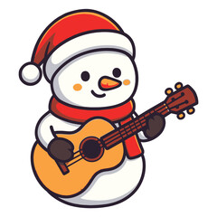 Cartoon Snowman Character Wearing Santa Hat Playing Acoustic Guitar.