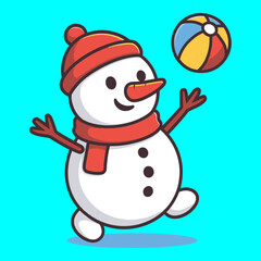 Cartoon Snowman with Red Hat and Scarf Playing with Colorful Beach Ball.