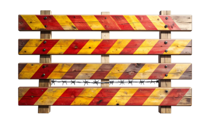 Close-up of a road barrier with alternating red and yellow stripes, constructed of wood
