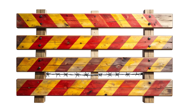 Close-up of a road barrier with alternating red and yellow stripes, constructed of wood - Powered by Adobe