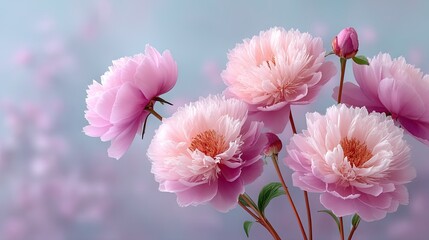 Fototapeta premium Close up of delicate pastel pink peonies with soft glowing light and a dreamy blurred background in soft focus