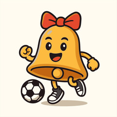 Cheerful Bell Mascot Kicking Soccer Ball with Red Bow and Sneakers.