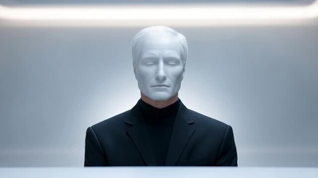 Futuristic man with white face, closed eyes, black suit, turtleneck in minimalistic monochrome room, soft lighting, calm mystery, emotionless artificial intelligence style