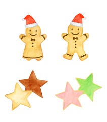 水彩手描きイラスト ジンジャーブレッドクッキー 星型クッキー クリスマス 冬 お菓子 / Hand-drawn Watercolor Illustration Gingerbread Cookie Star Cookie Christmas Winter Sweets