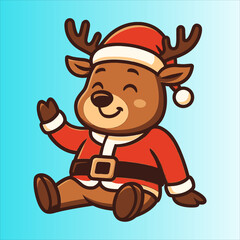 Cheerful Cartoon Reindeer in Santa Outfit Waving with a Festive Smile.