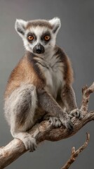 Naklejka premium Portrait of a Ring-Tailed Lemur Sitting on a Branch in Studio