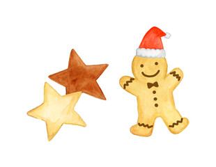 水彩手描きイラスト ジンジャーブレッドクッキー 星型クッキー クリスマス 冬 お菓子 / Hand-drawn Watercolor Illustration Gingerbread Cookie Star Cookie Christmas Winter Sweets