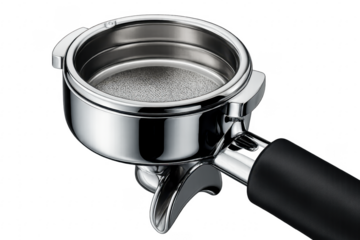 Chrome espresso machine portafilter on transparent background