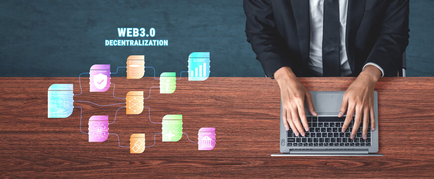 The Web 3.0 decentralization technology ecosystem. A flowchart of interconnected concepts like AI, blockchain, security, and decentralized finance. Motif