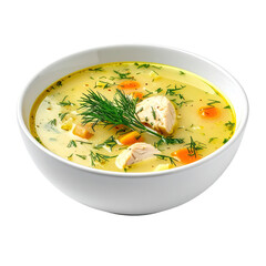 A white bowl filled with chicken soup, garnished with dill and carrots, clipart, isolated on a transparent background.
