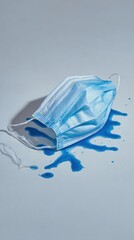 Fototapeta premium Blue Liquid Spilled Around Medical Mask on Gray Background