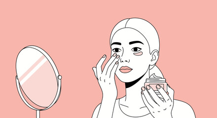 Elegant illustration of a woman applying skincare cream in front of a mirror on a pink background