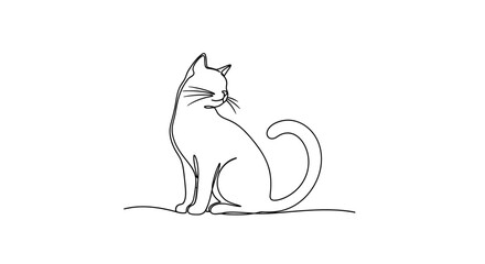 Elegant minimalist line drawing of a serene cat sitting gracefully on a white background