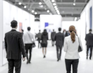 Fototapeta premium Blurred shot of attendees at an exhibition hall, many in suits