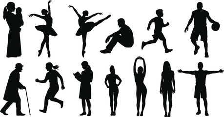 Silhouette of diverse people in motion, dancing, reading, walking, running, sports, lifestyle, expressive human poses for design use