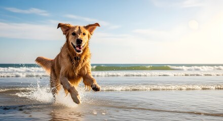 Happy dog running and splashing on the beach under a bright sunny sky, enjoying playful fun by the ocean waves.