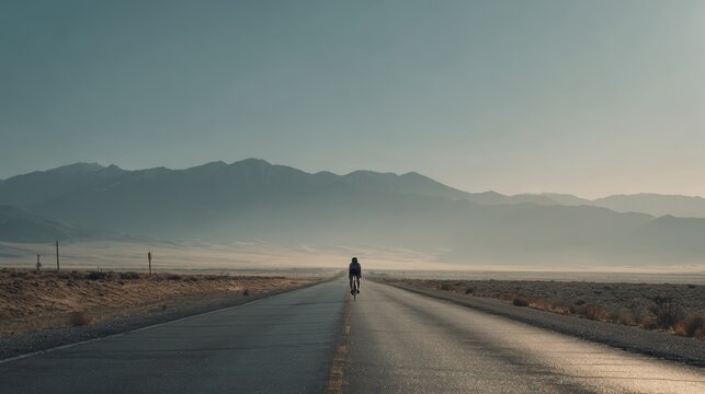 Solitary Bicyclist Riding on Empty Desert Highway at Dusk