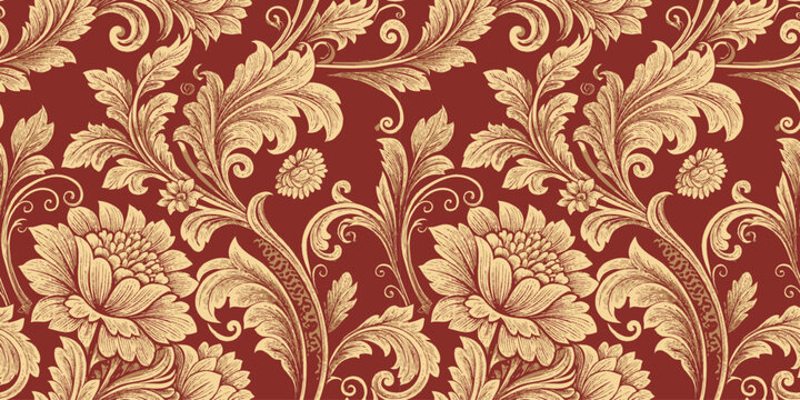 Elegant floral wallpaper design featuring intricate gold patterns on a rich red background.