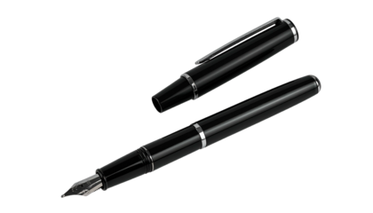 Elegant black fountain pen with silver accents, cap off, set against a stark black background