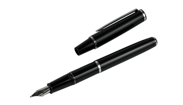 Elegant black fountain pen with silver accents, cap off, set against a stark black background