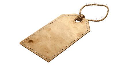 A beige rectangular tag with a brown rope loop, on a black background, textured look
