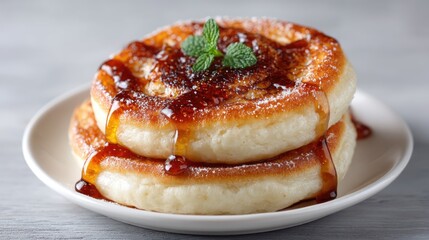Stack Of Fluffy Pancakes With Syrup And Mint Garnish In Studio Lighting On A White Plate