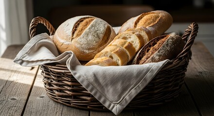 A rustic woven basket filled with an assortment of freshly baked artisan breads, including baguettes and round loaves, resting on a wooden surface.