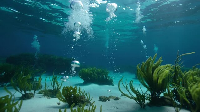 Underwater world comes alive with vibrant marine plants and bubbles dancing in crystal clear ocean water perfect for nature documentaries or tourism ads