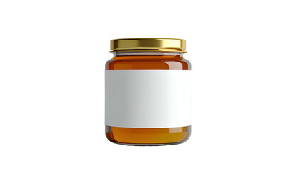 Glass jar with golden lid and blank label, filled with amber liquid, isolated on black