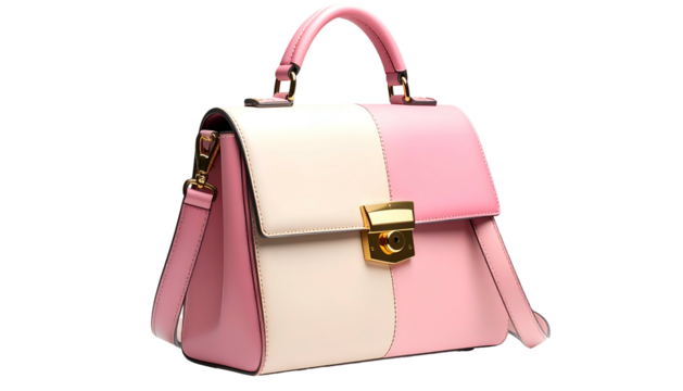 A stylish handbag, split into pink and cream panels, featuring a gold clasp and handle