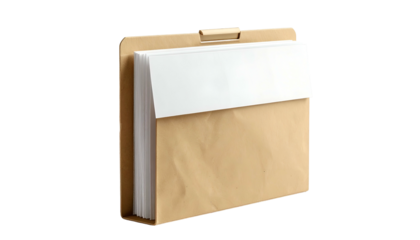 Kraft paper file folder filled with white paper sheets, top portion with white overlay