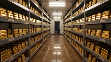 Secure vault filled with gleaming gold bars stacked high on industrial shelves, representing wealth and financial security - Powered by Adobe