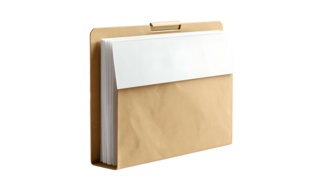 Kraft paper file folder filled with white paper sheets, top portion with white overlay - Powered by Adobe