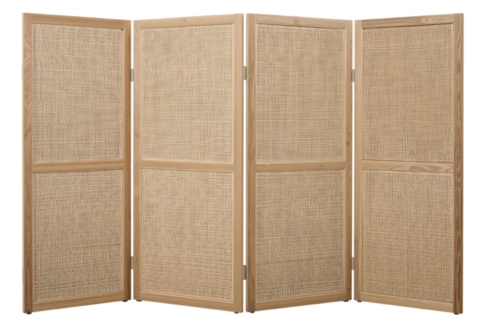 Four panel folding screen with woven natural material pattern