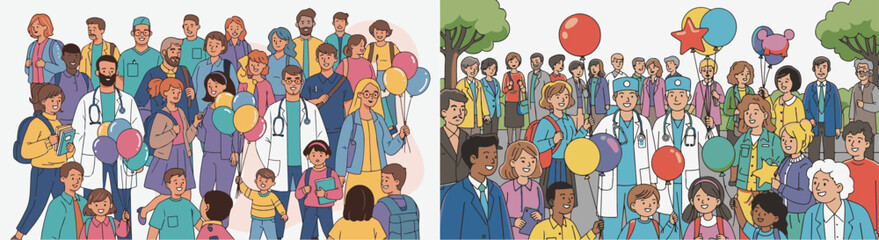 Flat Vector Art of Diverse Community, Adults and Children, with Colorful Balloons