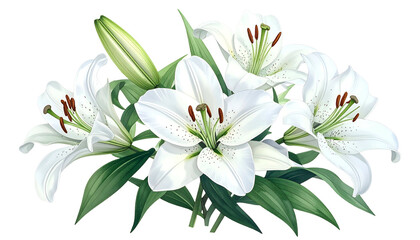 Obraz premium Realistic depiction of a bouquet of white lilies with detailed petals and green leaves