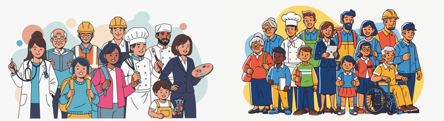 Colorful Flat Vector Illustration of Diverse Community and Professional People