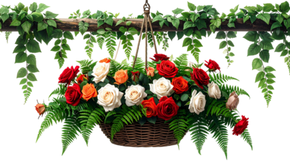 Wicker hanging basket overflowing with colorful roses and ferns, surrounded by vines