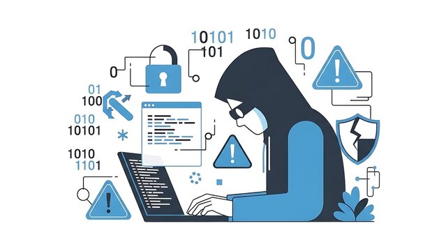 Hacker in a hoodie working on a laptop surrounded by digital security icons.