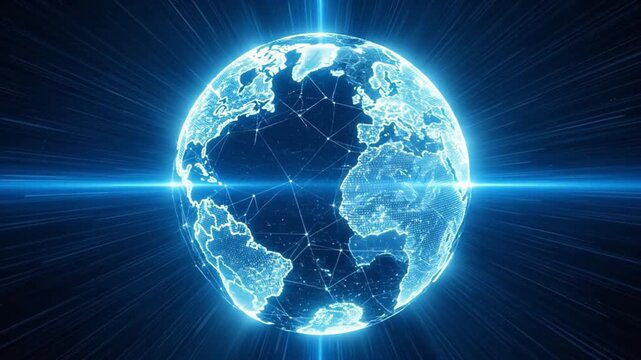 Global network connection with glowing digital earth and data visualization representing worldwide technological communication and interconnectedness
