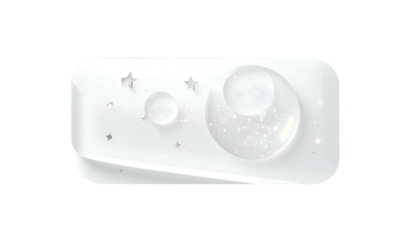 Abstract, minimalist design features celestial elements spheres, moon, stars, on a white, curved plane