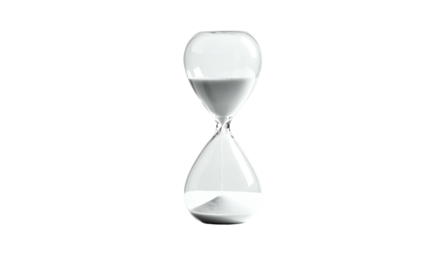 A transparent hourglass shows sand falling, against a black background