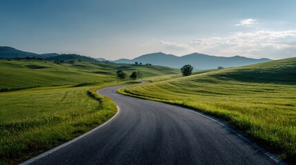 Serene Curved Road Through Lush Green Fields and Rolling Hills