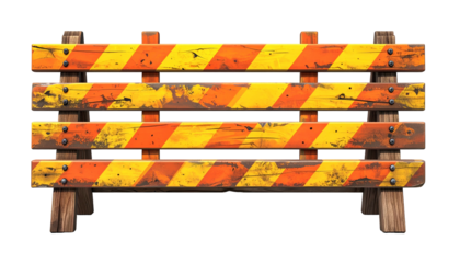 A weathered wooden barricade with orange and yellow stripes, set against black