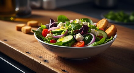 A fresh and healthy garden salad with tomatoes, cucumbers, feta cheese, and croutons in a white bowl on a wooden board.