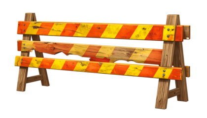 Cartoonish construction barrier, painted orange and yellow, showing wear, on black
