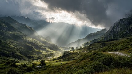 Fototapeta premium Serene Mountain Valley Under Dramatic Cloudy Sky with Sun Rays