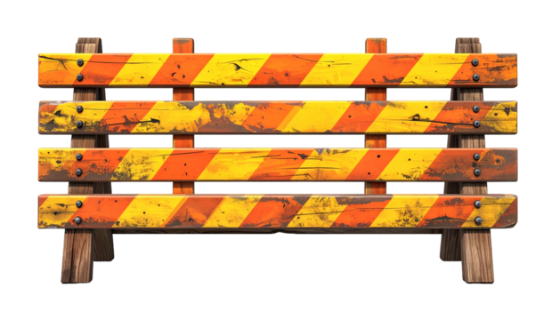A weathered wooden barricade with orange and yellow stripes, set against black