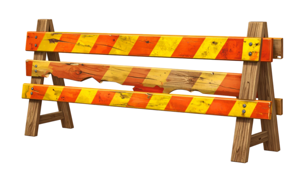 Cartoonish construction barrier, painted orange and yellow, showing wear, on black